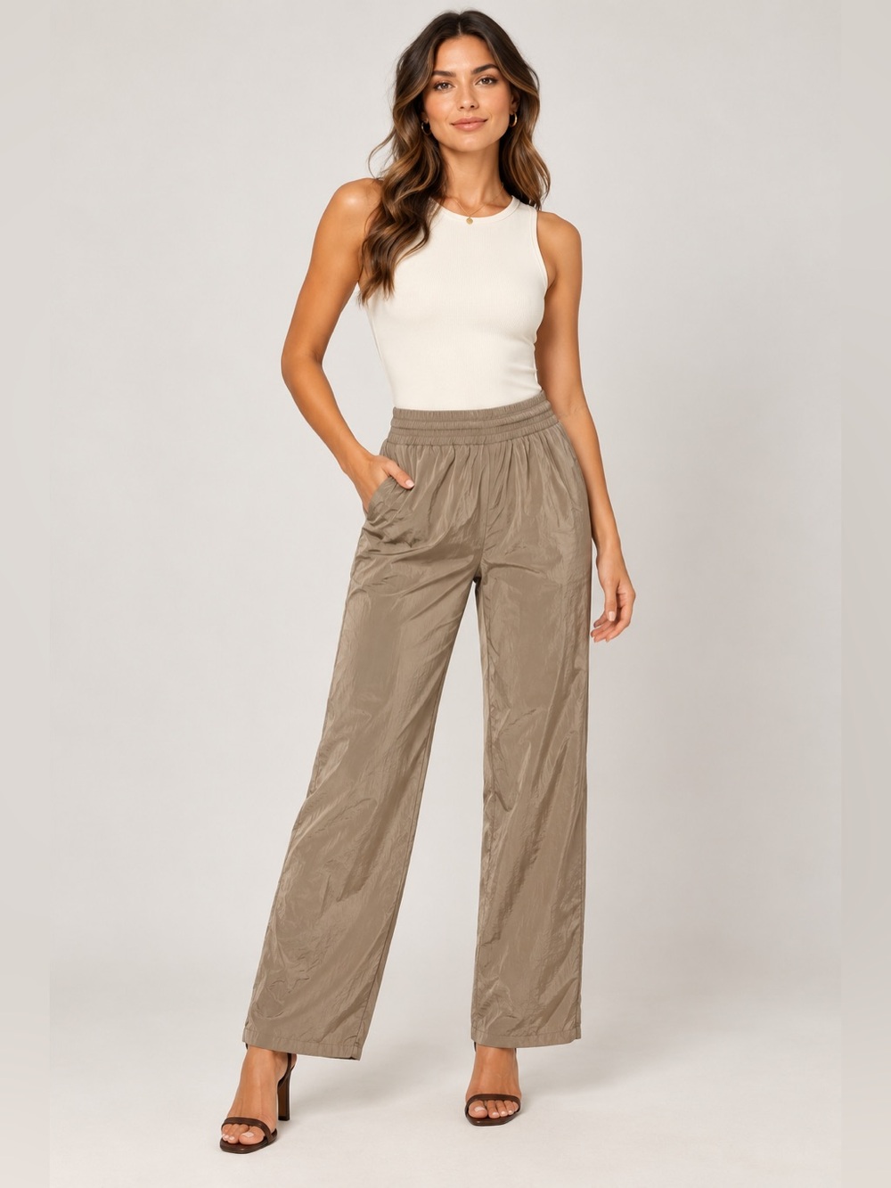 Good American Wide Leg Track Pants Women’s Size 2 Shine Tan Windbreaker Zip Hem